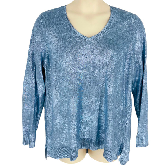 Chico's Shimmery Winter Blue Printed Foil Piper Knit Top Size 3 (XL/16W) - Picture 1 of 8